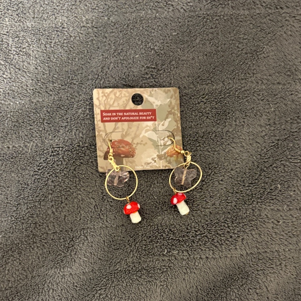 Gold and Red Mushroom Earrings